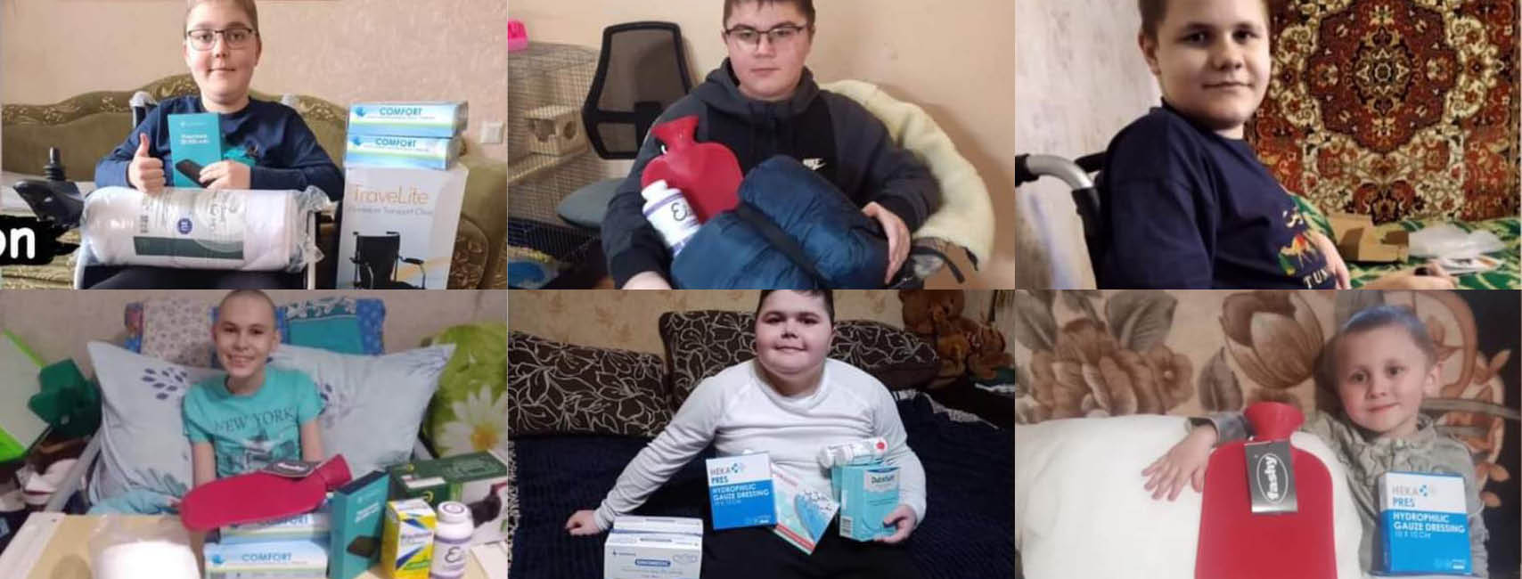 Six boys with Duchenne are posing with the materials they have received: wheelchairs, pillows, supplements, and other humanitarian aid.