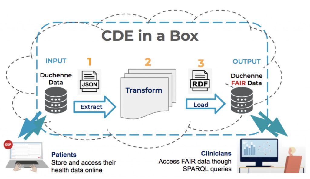 Figure 1. Example of a FAIR Transformation in three simple steps (Extract-Transform-Load). Use-case: Duchenne Data Platform